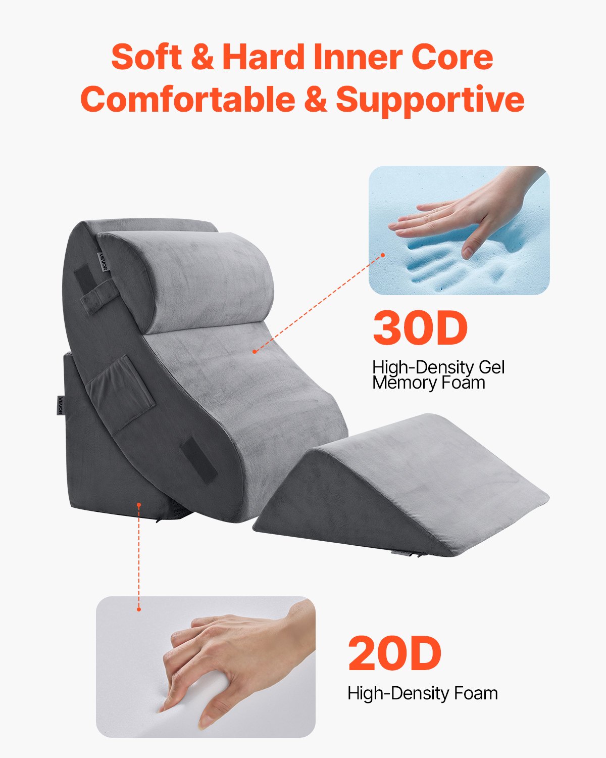 VEVOR Cuscino a Cuneo per Dormire, Set di 4, Cuscini Ortopedici Regolabili per Letto, Supporto per Gambe, Collo e Spalle, per Mal di Schiena, Reflusso Acido, Sollievo dal Russare, Grigio Scuro