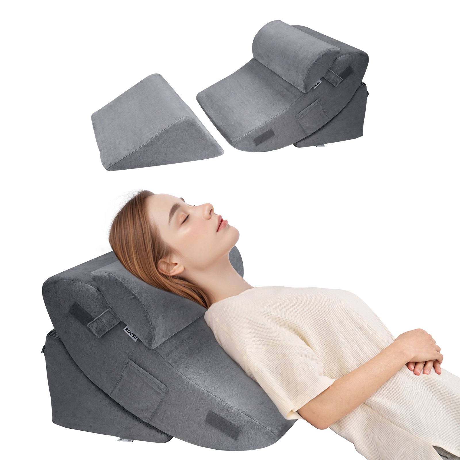 VEVOR Cuscino a Cuneo per Dormire, Set di 4, Cuscini Ortopedici Regolabili per Letto, Supporto per Gambe, Collo e Spalle, per Mal di Schiena, Reflusso Acido, Sollievo dal Russare, Grigio Scuro