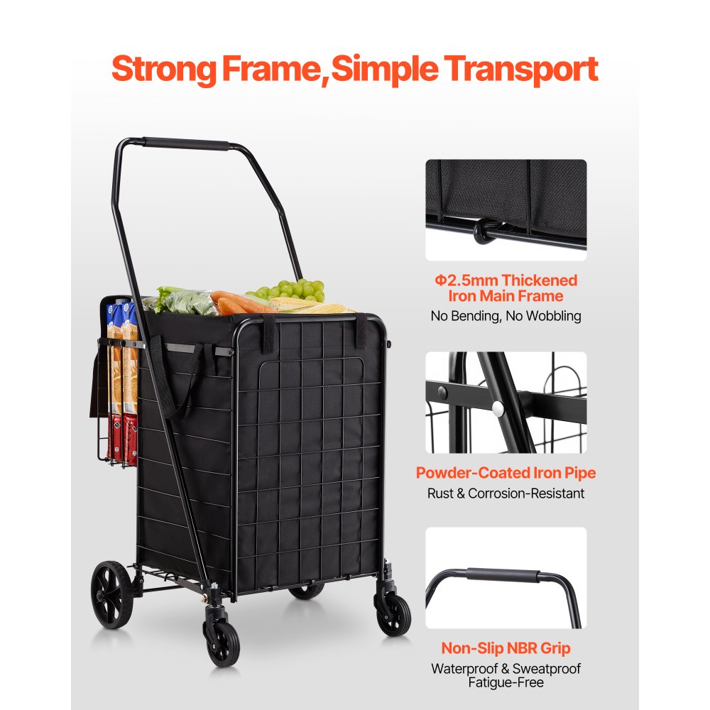 VEVOR Carrello della Spesa Pieghevole 54 x 52,5 x 100 cm con Due Cestini, Rivestimento Impermeabile e Ruote, Capacità di Carico 45,3 kg, per Spesa, Lavanderia, Campeggio, Generi Alimentari