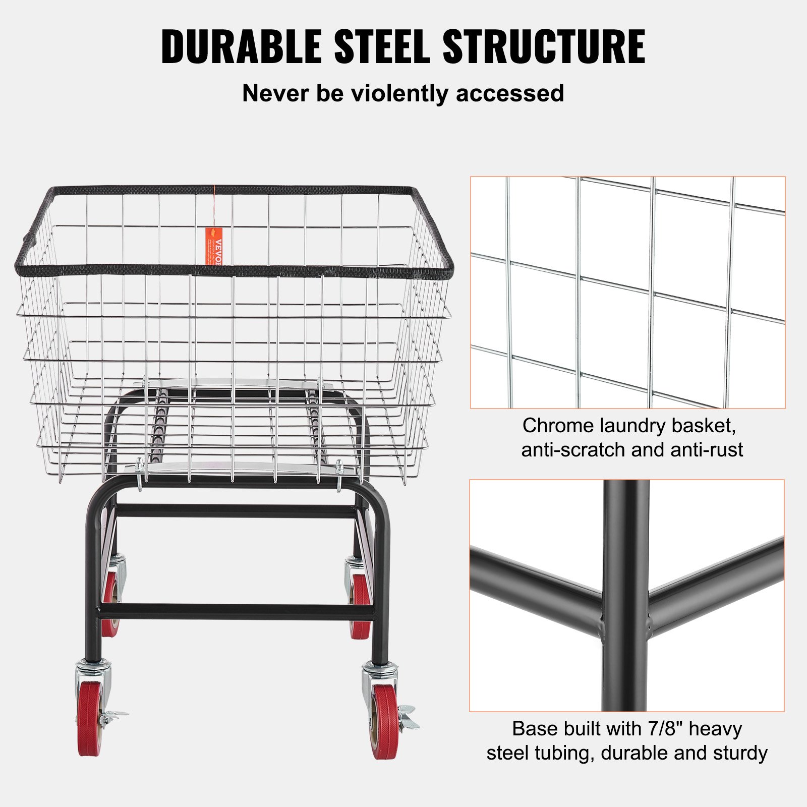 VEVOR Carrello Portabiancheria in Filo Metallico, Cesto a Rotelle Portabiancheria Carrello Portabiancheria Commerciale in Filo Metallico Cestino 678 x 550 x 290 mm, Capienza ca. 100L, per Lavanderia