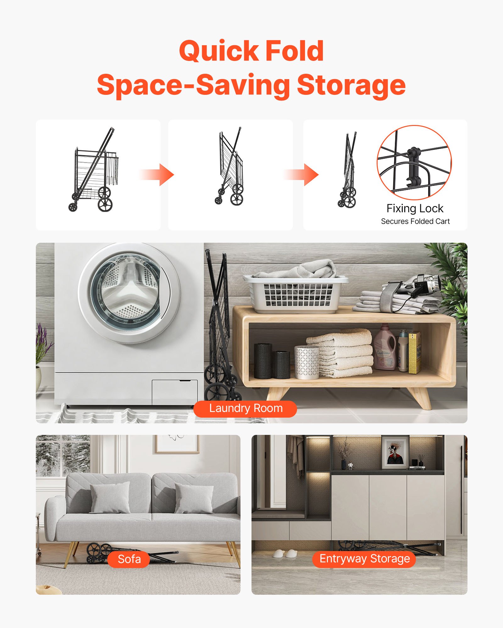 VEVOR Carrello Portabiancheria con 4 Ruote Cesto di Lavanderia Portabiancheria con Cesto Posteriore Portaoggetti Carico Max. 50kg, Carrello 6,21kg Portaspesa Portabiancheria con Ruote Cesto Posteriore