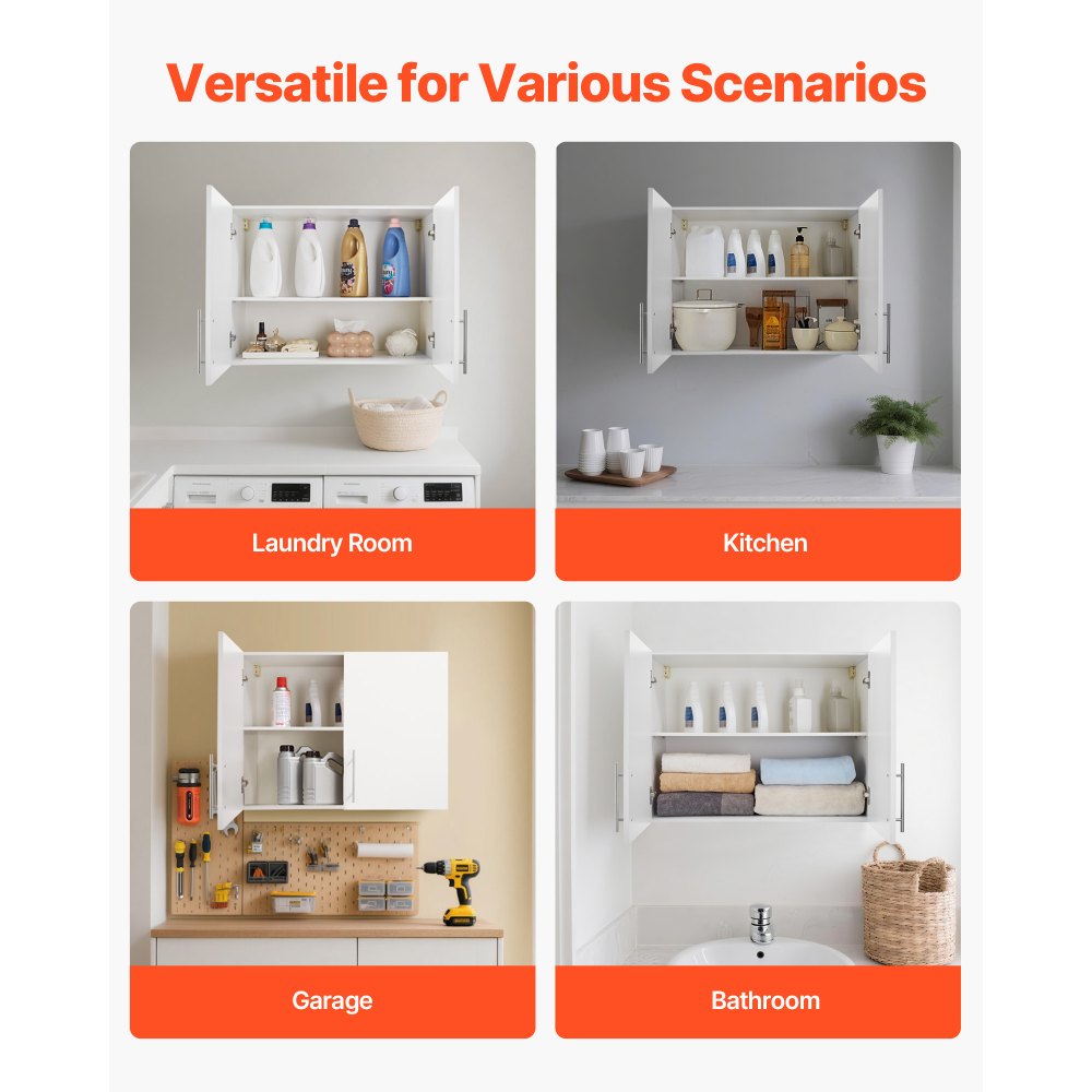 VEVOR Laundry Room Wall Cabinet, 2-Tier Wall Mounted Hanging Cabinet with Adjustable Shelf, Cupboard Storage with 2 Doors, for Bathroom, Kitchen, Laundry, 40.6 x 81.3 x 61 cm (D x W x H), White