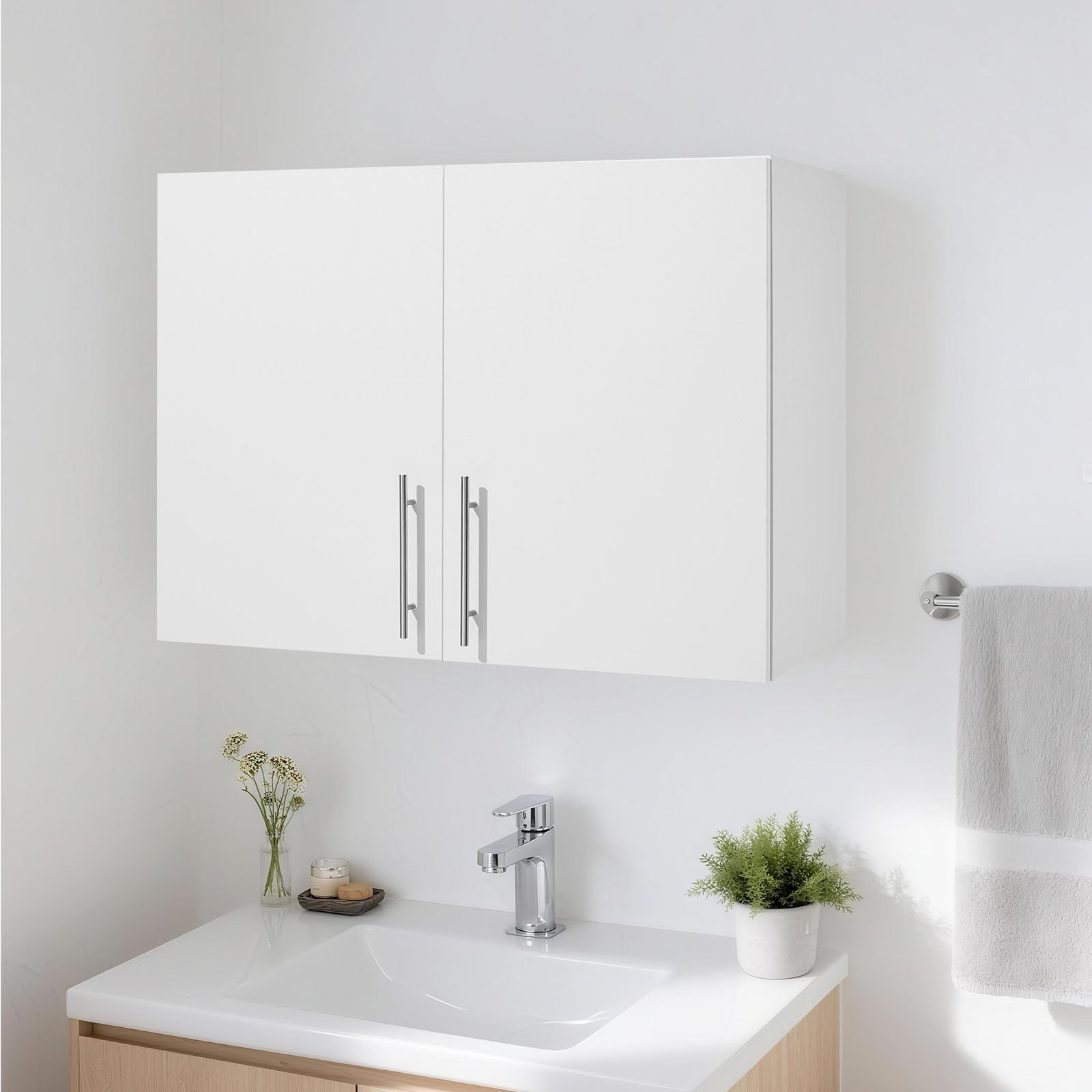 VEVOR Laundry Room Wall Cabinet, 2-Tier Wall Mounted Hanging Cabinet with Adjustable Shelf, Cupboard Storage with 2 Doors, for Bathroom, Kitchen, Laundry, 40.6 x 81.3 x 61 cm (D x W x H), White