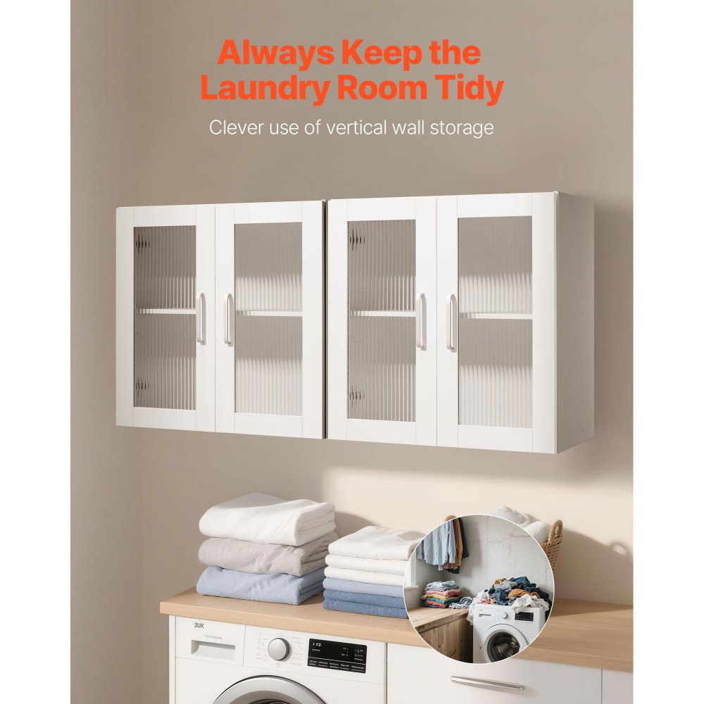 VEVOR Laundry Room Wall Cabinet, 2-Tier Wall Mounted Cabinet with Adjustable Shelf, Cupboard Storage with 4 Doors, for Kitchen, Bathroom, Laundry, Set of 2, Each 30.5 x 61 x 61 cm (D x W x H), White