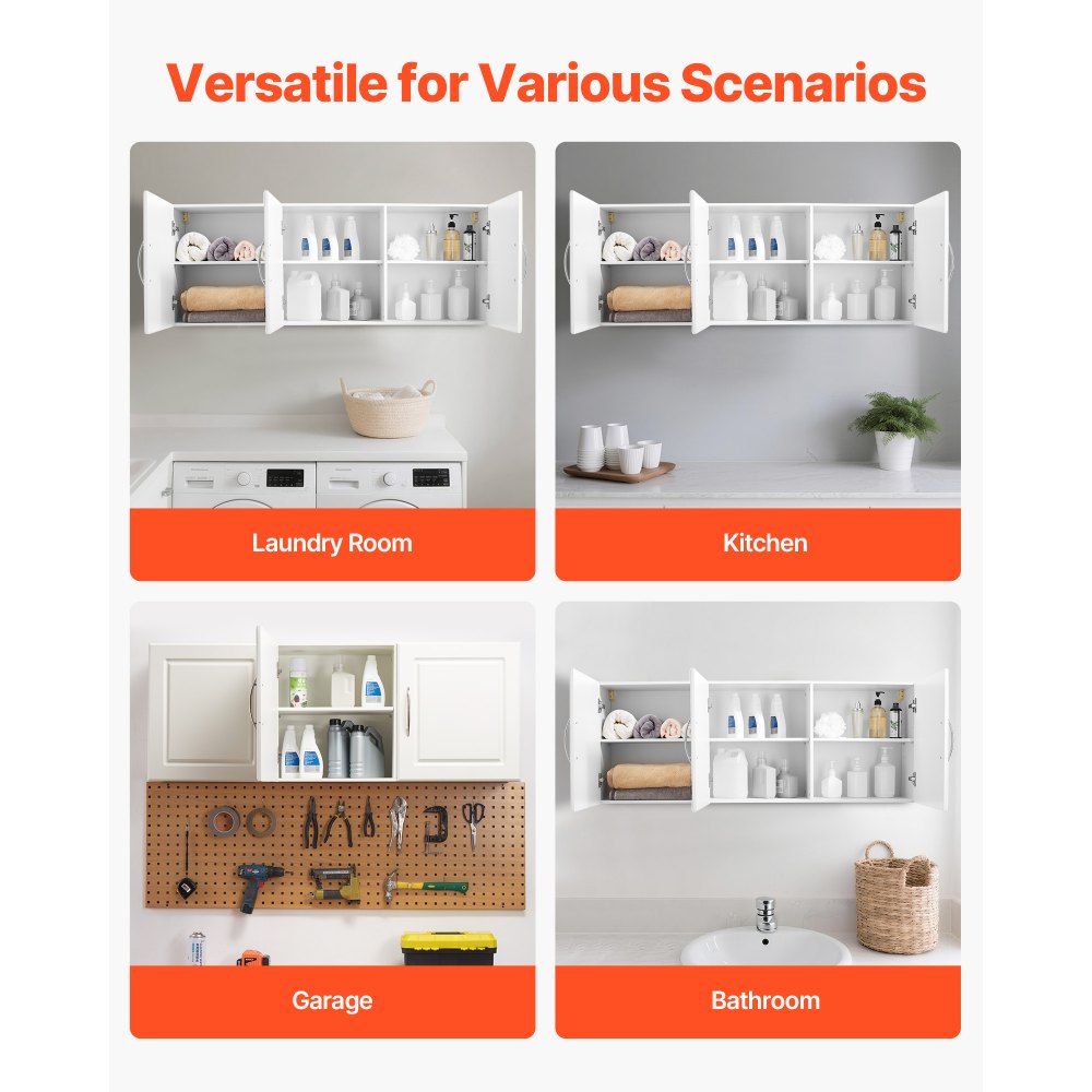 VEVOR Laundry Room Wall Cabinet, 2-Tier Wall Mounted Hanging Cabinet with Adjustable Shelf, Cupboard Storage with 3 Doors, for Kitchen, Bathroom, Laundry, 31.6 x 137.2 x 51.6 cm (D x W x H), White