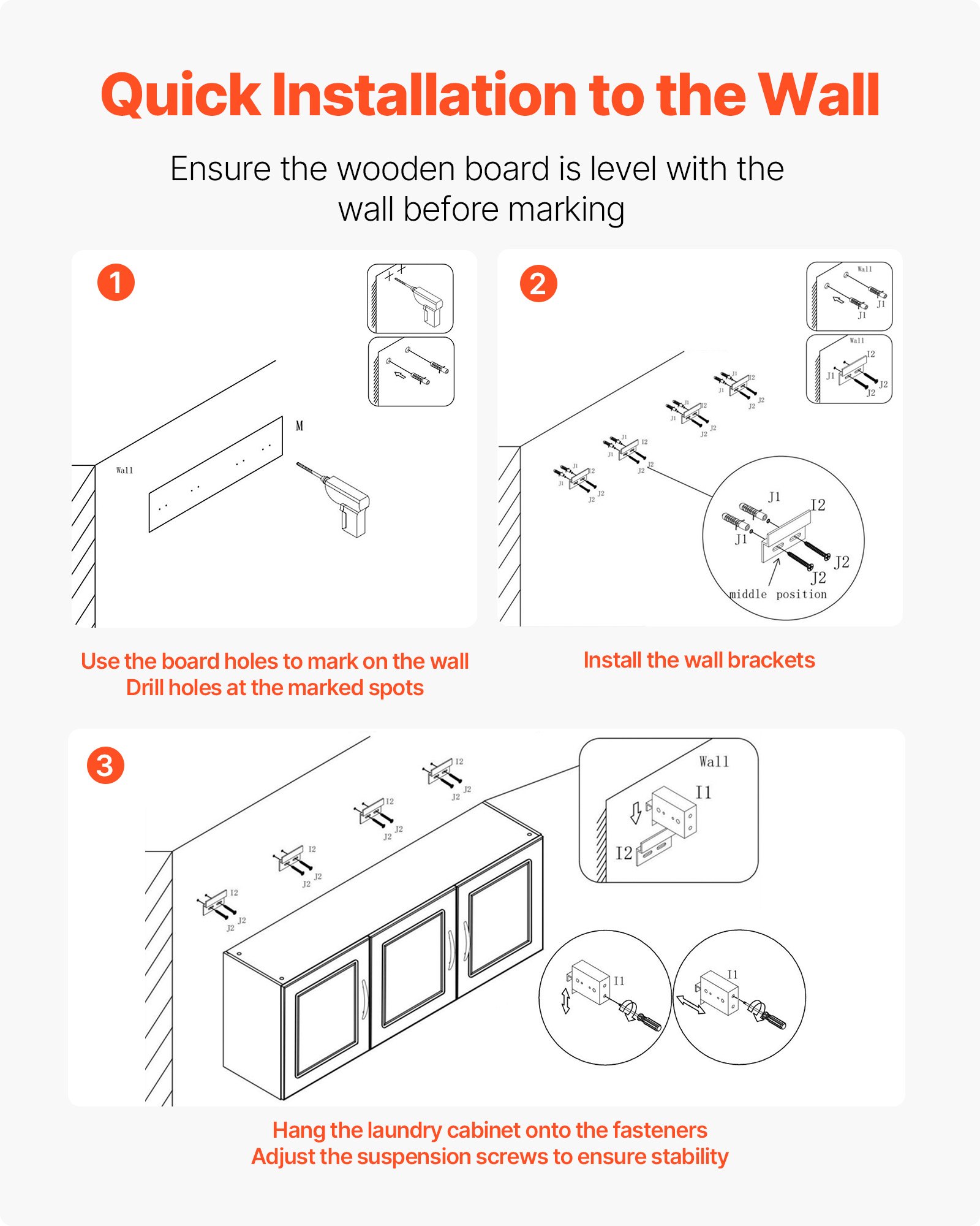 VEVOR Laundry Room Wall Cabinet, 2-Tier Wall Mounted Hanging Cabinet with Adjustable Shelf, Cupboard Storage with 3 Doors, for Kitchen, Bathroom, Laundry, 31.6 x 137.2 x 51.6 cm (D x W x H), White