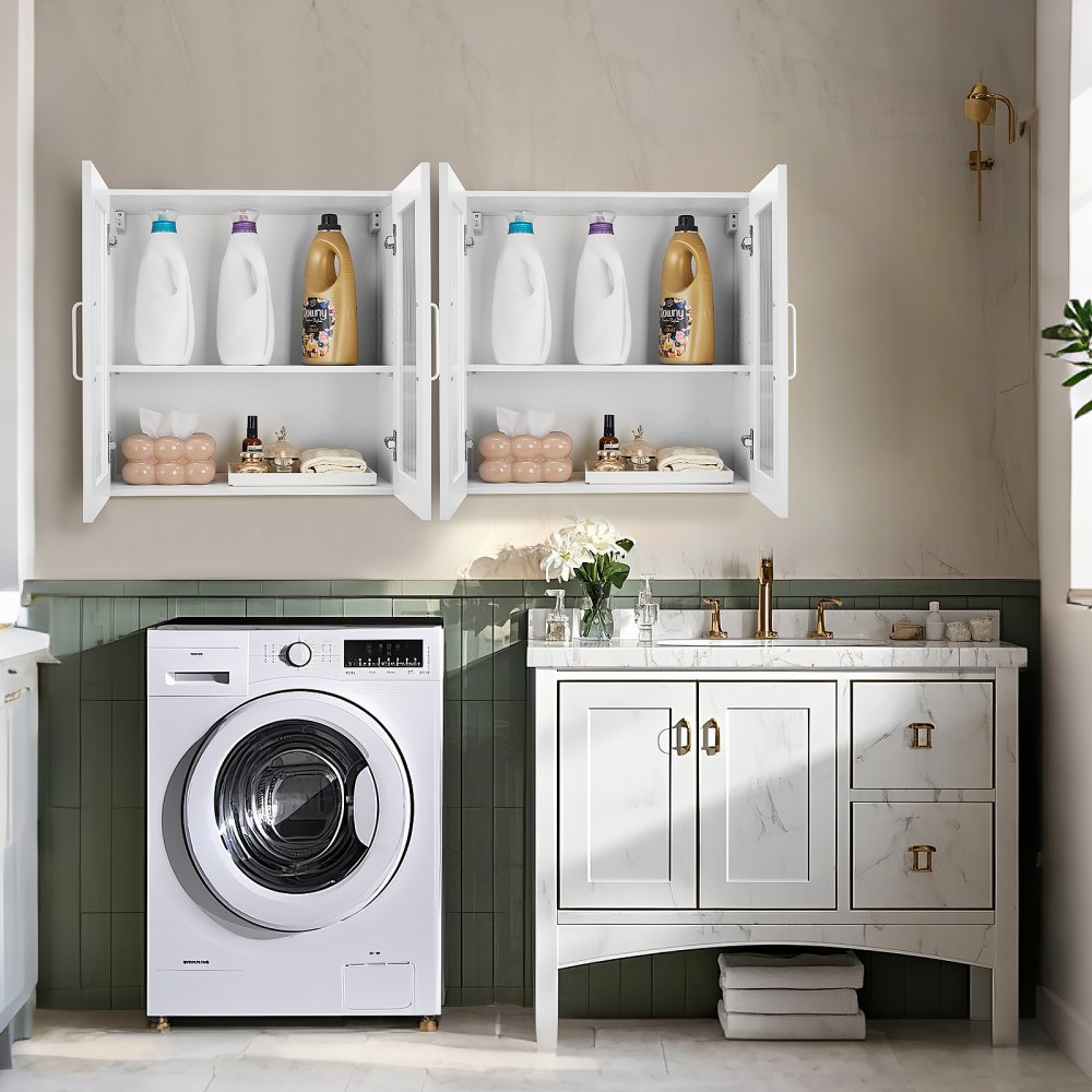 VEVOR Mobiletto da Parete per Lavanderia, Mobiletto Pensile a 2 Ripiani con 4 Ante, per Armadietto con Ripiano Regolabile, per Cucina Garage, Set da 2, Ciascuno 30,5 x 61 x 61 cm Bianco