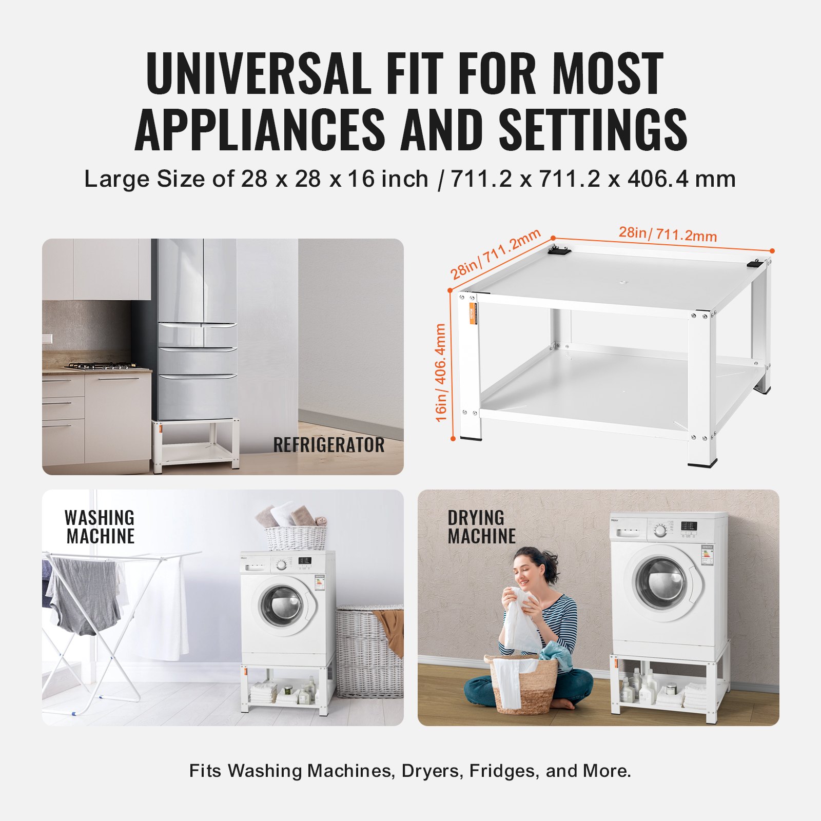 VEVOR Clothes Airer with Storage Shelf, 711.2 x 711.2 x 406.4 mm, Standing Platform for Washing Machine and Dryer, Universal Fit, 299.4 kg Capacity, Multifunctional Steel Base for Washing Machine