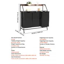 VEVOR Cesto Portabiancheria a 2 Ripiani, Cesto Portabiancheria con Ruote a 3 Scomparti, Struttura in Metallo, Piano Superiore in Legno, Sacchetti in Tessuto Oxford 600D, per Vestiti Sporchi