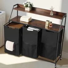 VEVOR Cesto Portabiancheria a 2 Ripiani, Cesto Portabiancheria con Ruote a 3 Scomparti, Struttura in Metallo, Piano Superiore in Legno, Sacchetti in Tessuto Oxford 600D, per Vestiti Sporchi