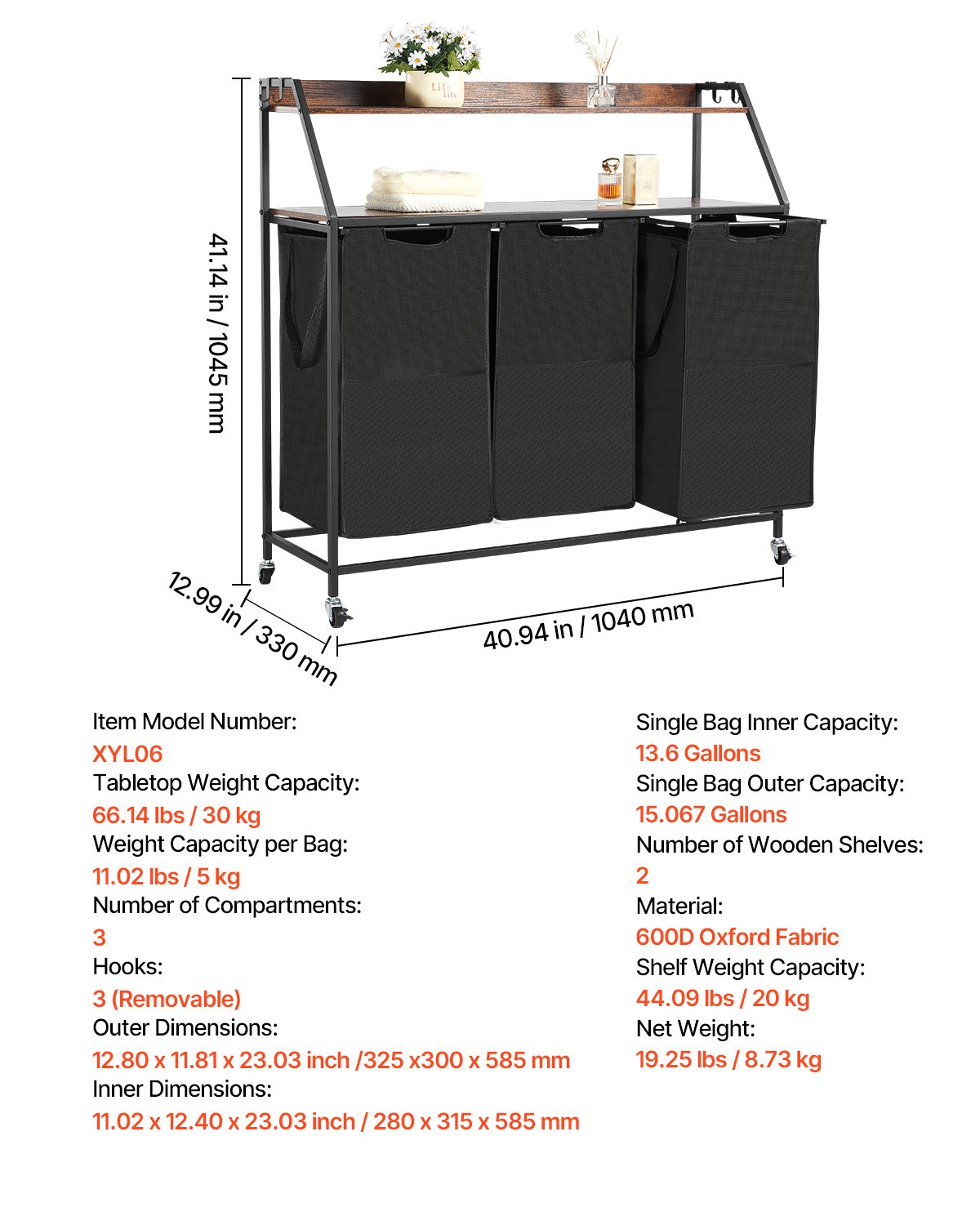 VEVOR 2 Tiers Laundry Sorter, Tall Laundry Hamper with Metal Frame and Wooden Tabletop, 3 Section Rolling Basket Organizer Storage with Ladder Shelves and 600D Oxford Cloth Bags for Dirty Clothes