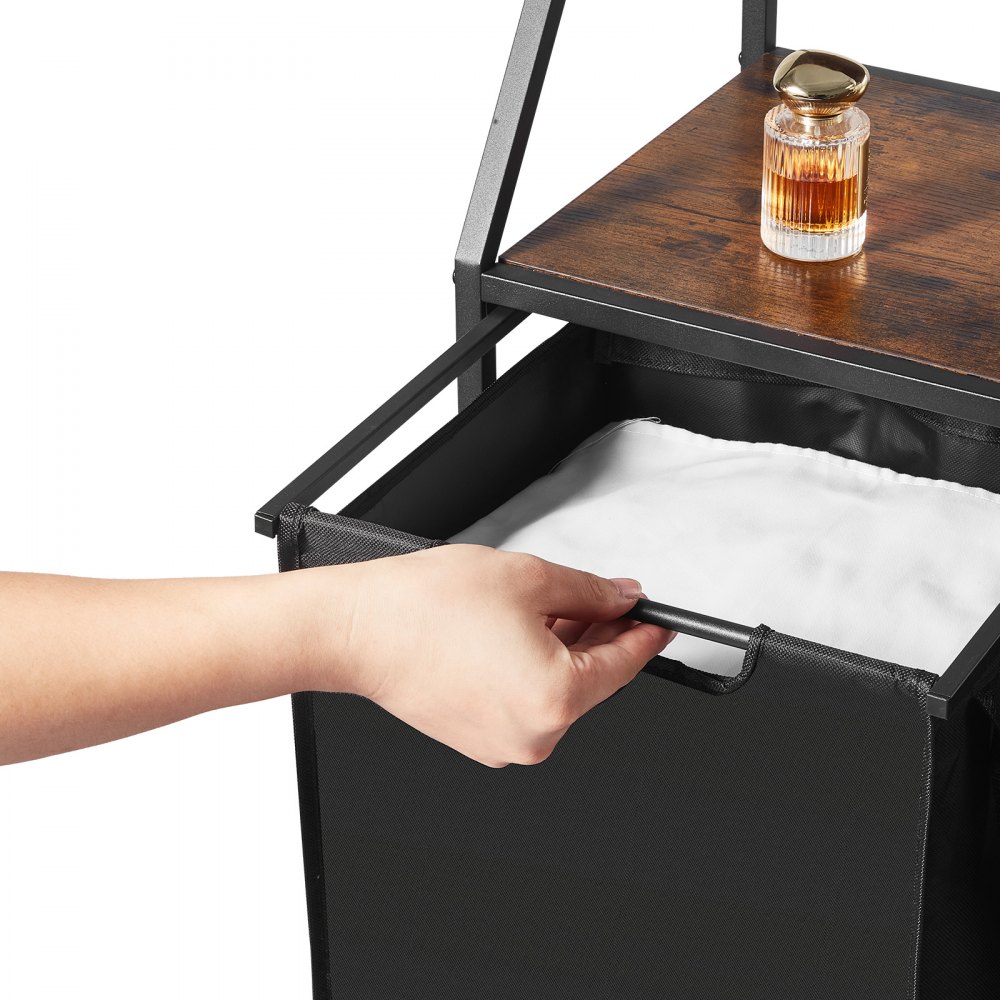 VEVOR Cesto Portabiancheria a 2 Ripiani, Cesto Portabiancheria con Ruote a 2 Scomparti, Separatore per Biancheria, Piano Superiore in Legno, Sacchetti in Tessuto Oxford 600D da Lavanderia, Bagno