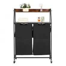 VEVOR Cesto Portabiancheria a 2 Ripiani, Cesto Portabiancheria con Ruote a 2 Scomparti, Separatore per Biancheria, Piano Superiore in Legno, Sacchetti in Tessuto Oxford 600D da Lavanderia, Bagno