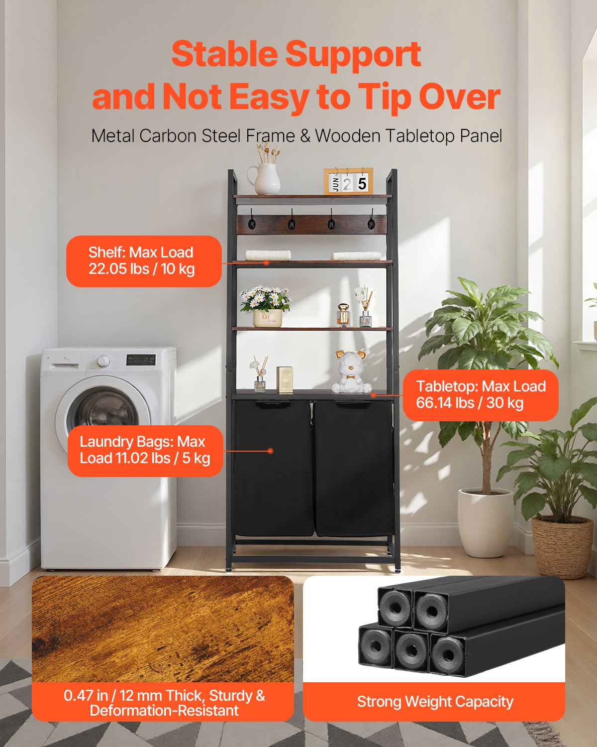 VEVOR Cesto Portabiancheria a 4 Ripiani, Cesto Portabiancheria con Ruote a 2 Scomparti, Separatore per Biancheria, Piano Portaoggetti, Ganci, Sacchetti in Tessuto Oxford 600D da Lavanderia, Bagno