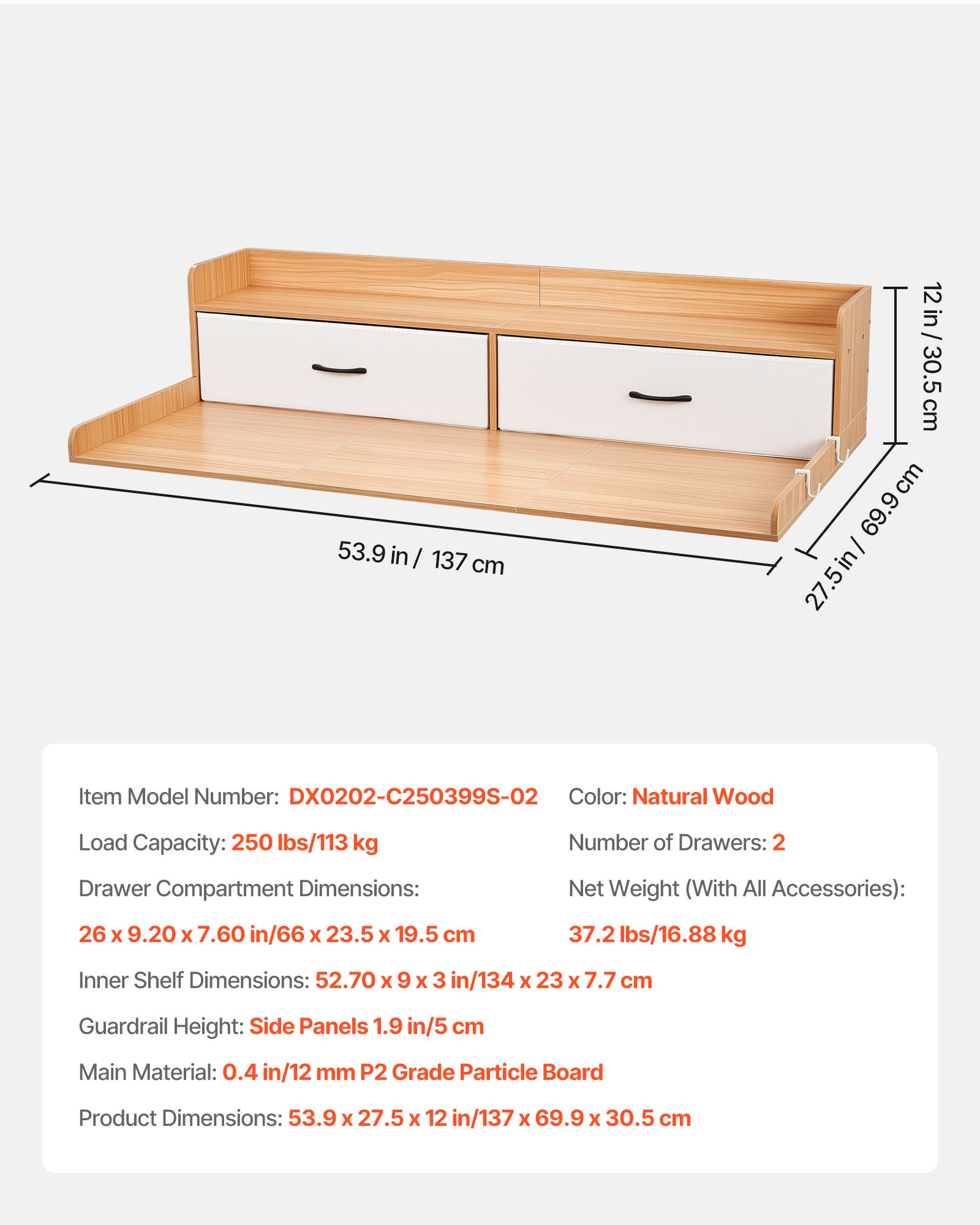 VEVOR Piano di Lavoro per Lavatrice e Asciugatrice con Ripiano 137 x 69,9 cm, Piano d'Appoggio con 2 Cassetti Integrati e 2 Ganci, Struttura in Legno per Zona Lavanderia con Ampia Superficie di Lavoro