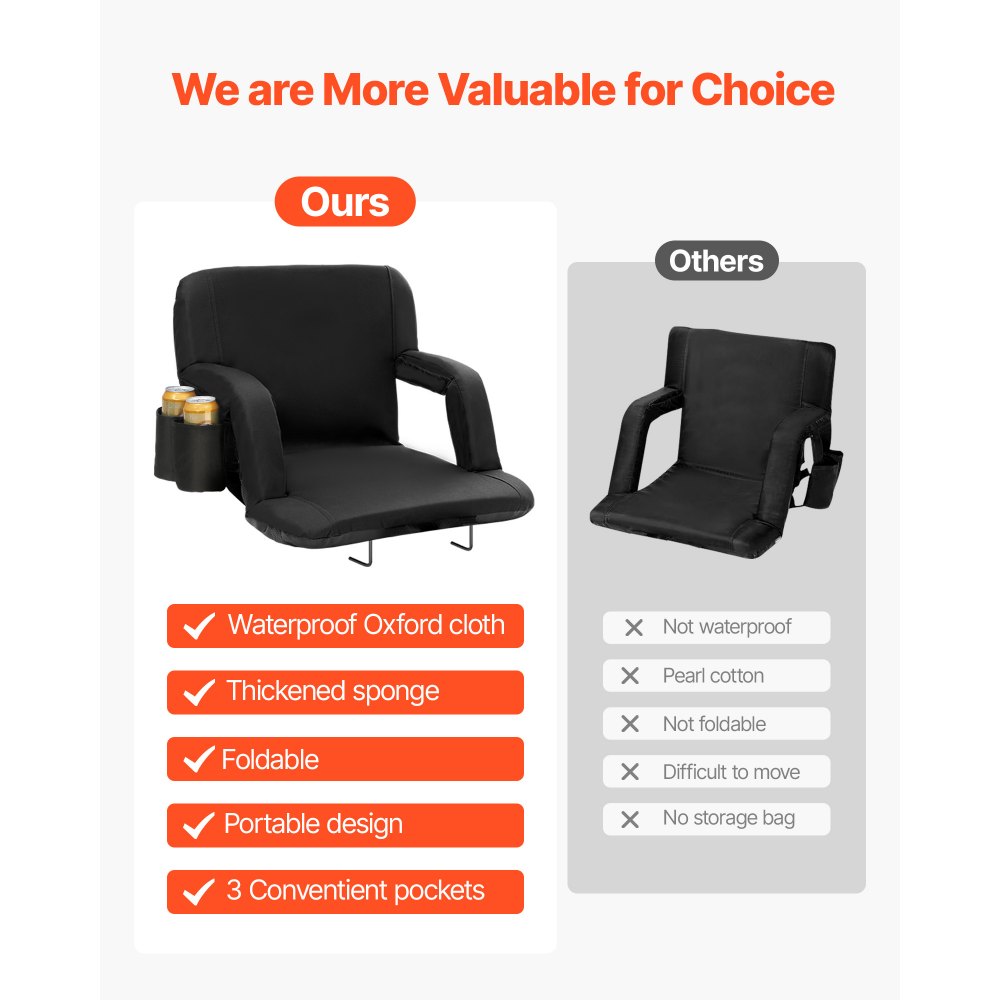 VEVOR Stadium Seat with Backrest, Wide Grandstand Seat Backrest, Foldable Stadium Chair with Padded Cushion, Portable Recliner with Hook Pocket and Drink Holder, Ideal for Sporting Events