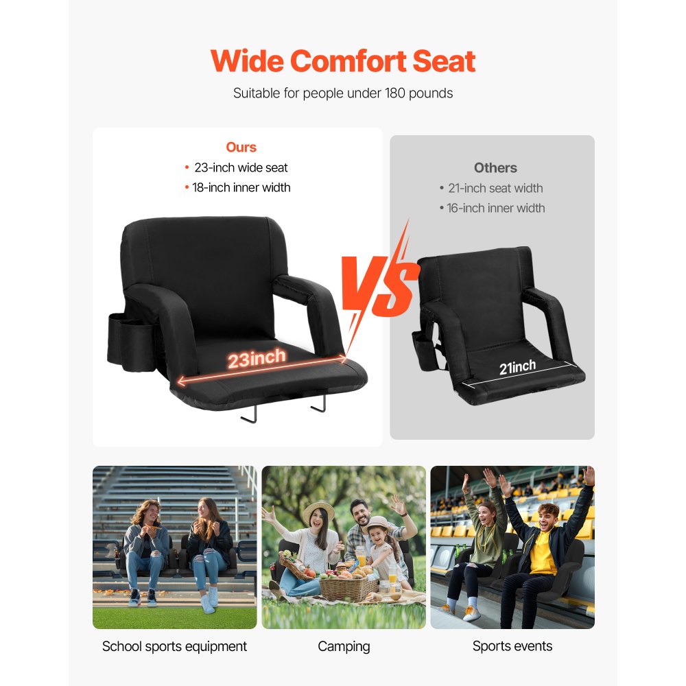VEVOR Stadium Seat with Backrest, Wide Grandstand Seat Backrests, Foldable Stadium Chair with Padded Cushion, Portable Reclining Chairs with Hook Pocket and Drink Holder, Ideal for Sporting Events