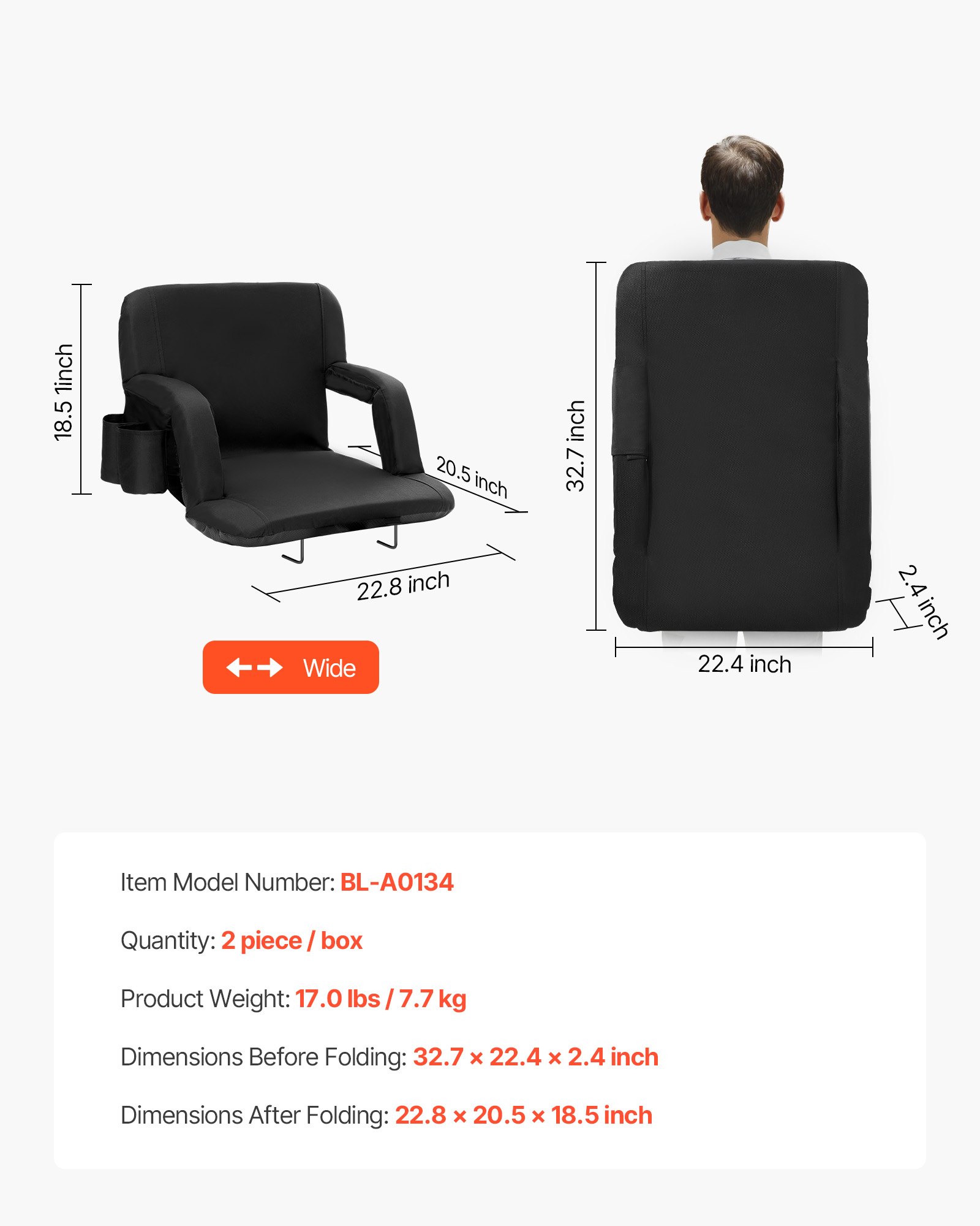 VEVOR Stadium Seat with Backrest, Wide Grandstand Seat Backrests, Foldable Stadium Chair with Padded Cushion, Portable Reclining Chairs with Hook Pocket and Drink Holder, Ideal for Sporting Events