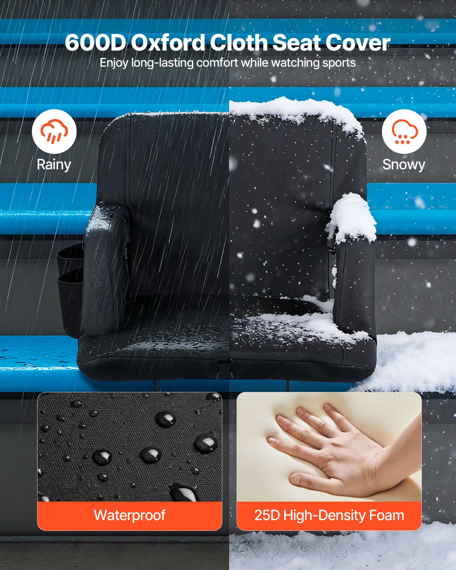 VEVOR Cuscino per Sedia da Stadio con 6 Angoli Regolabili Sedia da Stadio Imbottita Larghezza 584,2 mm con Braccioli, Schienale, Sedile per Tribuna per Picnic, Sport in Spiaggia, Giochi