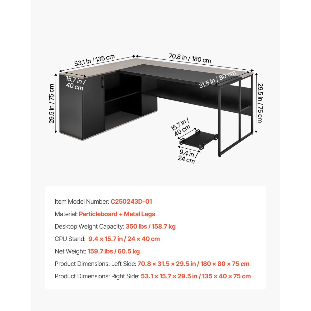 VEVOR Scrivania Direzionale a L, Ampia Scrivania in Legno Moderna per Ufficio con Cassetti, Mobiletto Portaoggetti e Supporto per CPU, Capacità di Carico di 158,7 kg, per Computer per Lavoro, Studio