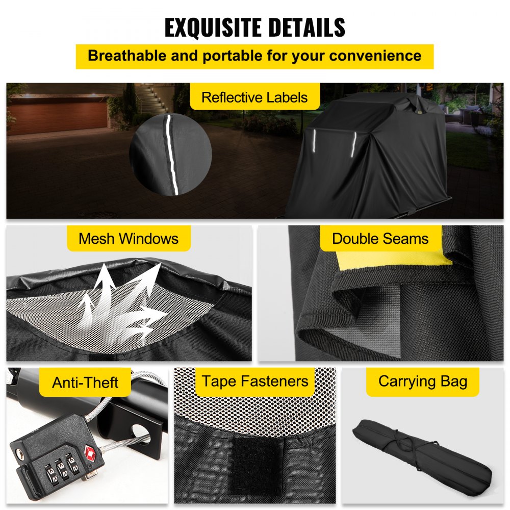 VEVOR Copertura per Moto, Copertura per Moto Impermeabile, Capanno per Moto Resistente, Capanno per Moto Oxford 600D Anti-UV, 133,9"x53,9"x76,8" Tenda Nera per Garage con Serratura e Peso