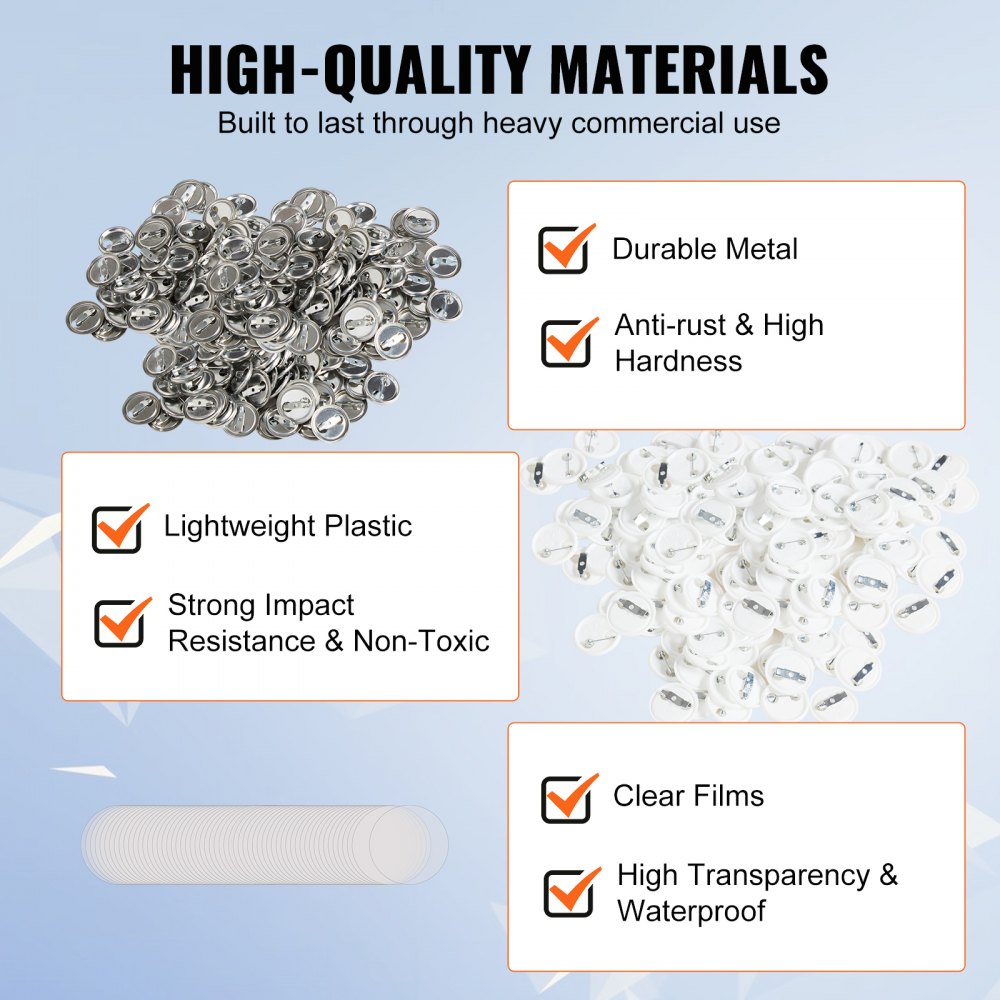 VEVOR Kit di Bottoni Badge Spille Personalizzate in Metallo Plastica Diametro 25mm 500 Pezzi Totale, Accessori di Badge Spille 500Pz, SOLO ACCESSORI SENZA MACCHINA