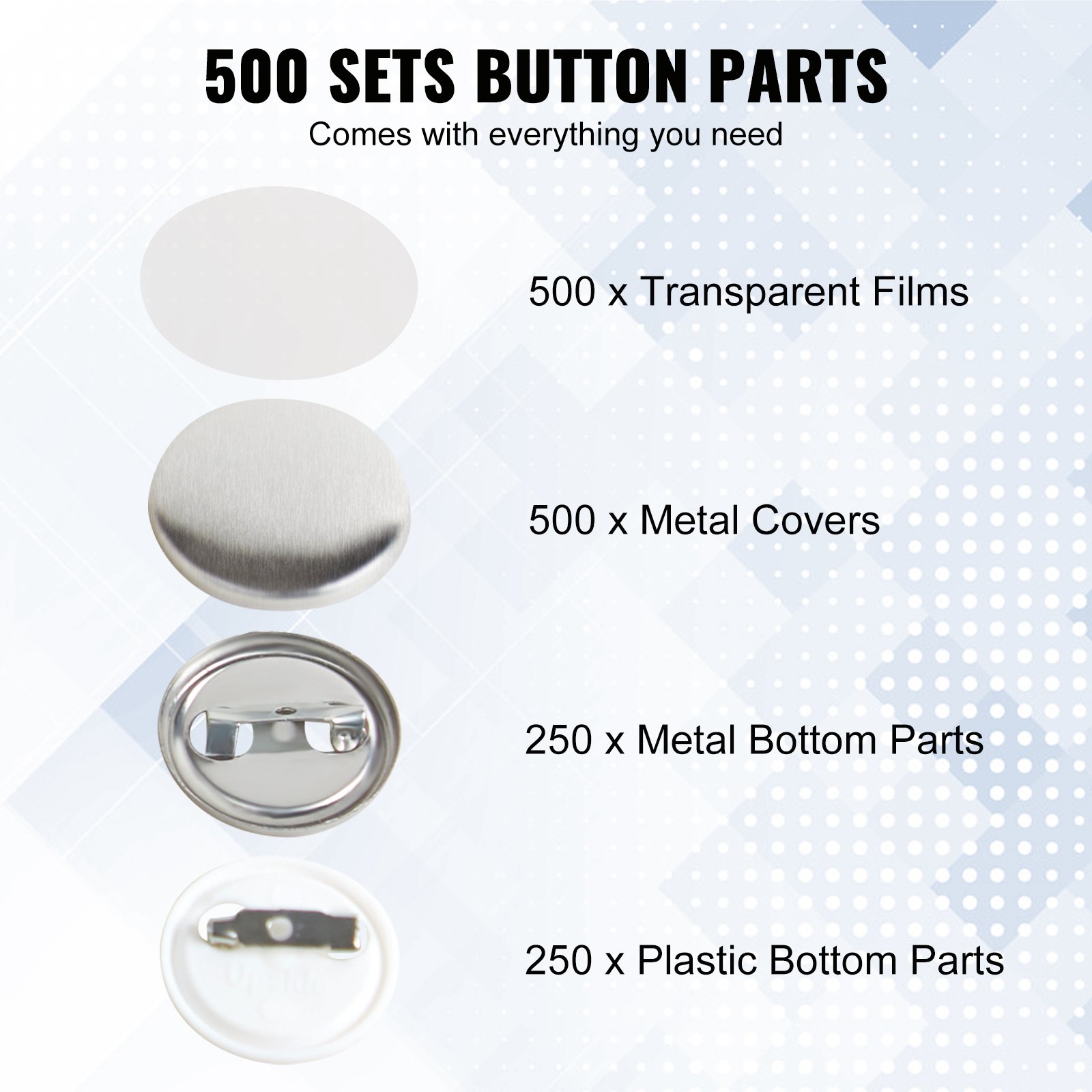 VEVOR Button Machine Button Maker Machine Accessories Badge Punch Press 25 mm, DIY Badge Press Machine Spare Parts 500 pcs. Badge Press Machine, Metal + Plastic / 250 + 250 pcs. Badges