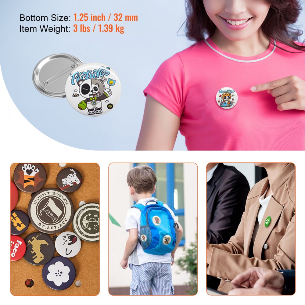 VEVOR Kit di Bottoni Badge Spille Personalizzate in Metallo Plastica Diametro 32mm 500 Pezzi Totale, Accessori di Badge Spille 500Pz, SOLO ACCESSORI SENZA MACCHINA