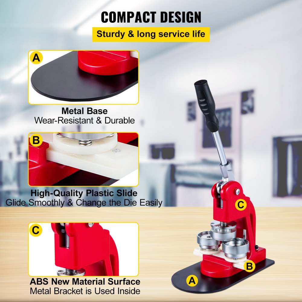 VEVOR Pressa per Badge, Dimensione 44 mm Peso 29,4 Libbre Macchina per Bottoni 1000 Pezzi Macchina per Punzonatrice con Impugnatura Intuitiva per Spille, Cravatte, Portachiavi, Apribottiglie, ecc.