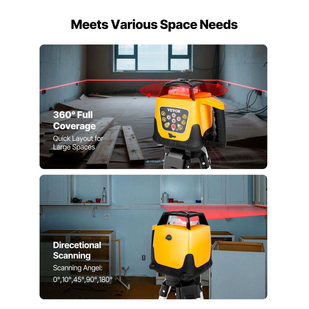VEVOR Rotary Laser Level Kit, Red Beam 300m Range Slope Adjustable 360-Degree Spinning Self Leveling, Flexible Scanning Angle & IP54 Waterproof, Accurate with Remote Control Receiver Carrying Case