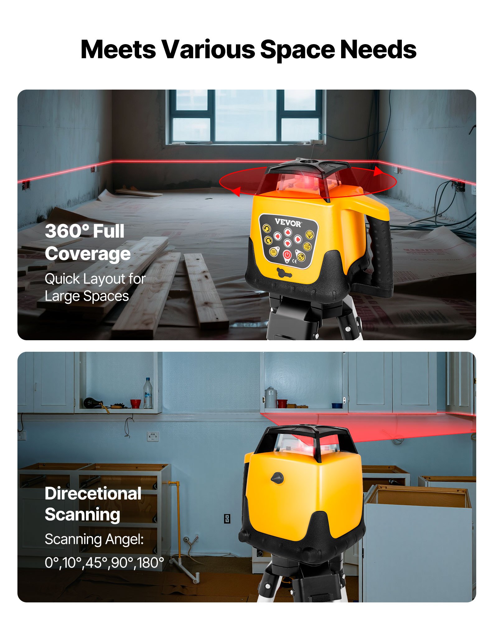 VEVOR Rotary Laser Level Kit, Red Beam 300m Range Slope Adjustable 360-Degree Spinning Self Leveling, Flexible Scanning Angle & IP54 Waterproof, Accurate with Remote Control Receiver Carrying Case