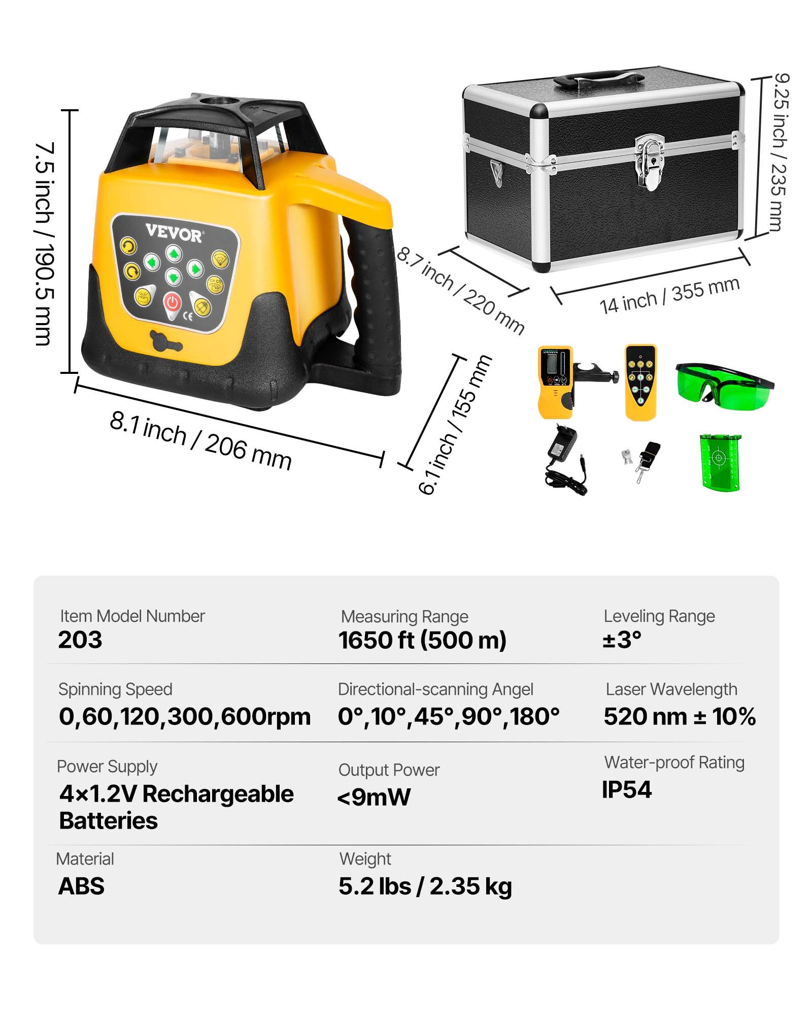 VEVOR Kit Livella Laser Rotante Raggio Verde Portata 500 m, Autolivellante, Angolo di Scansione Flessibile, Rotazione 360 Gradi, Scatola da Trasporto, Impermeabile IP54, Ricevitore Telecomando
