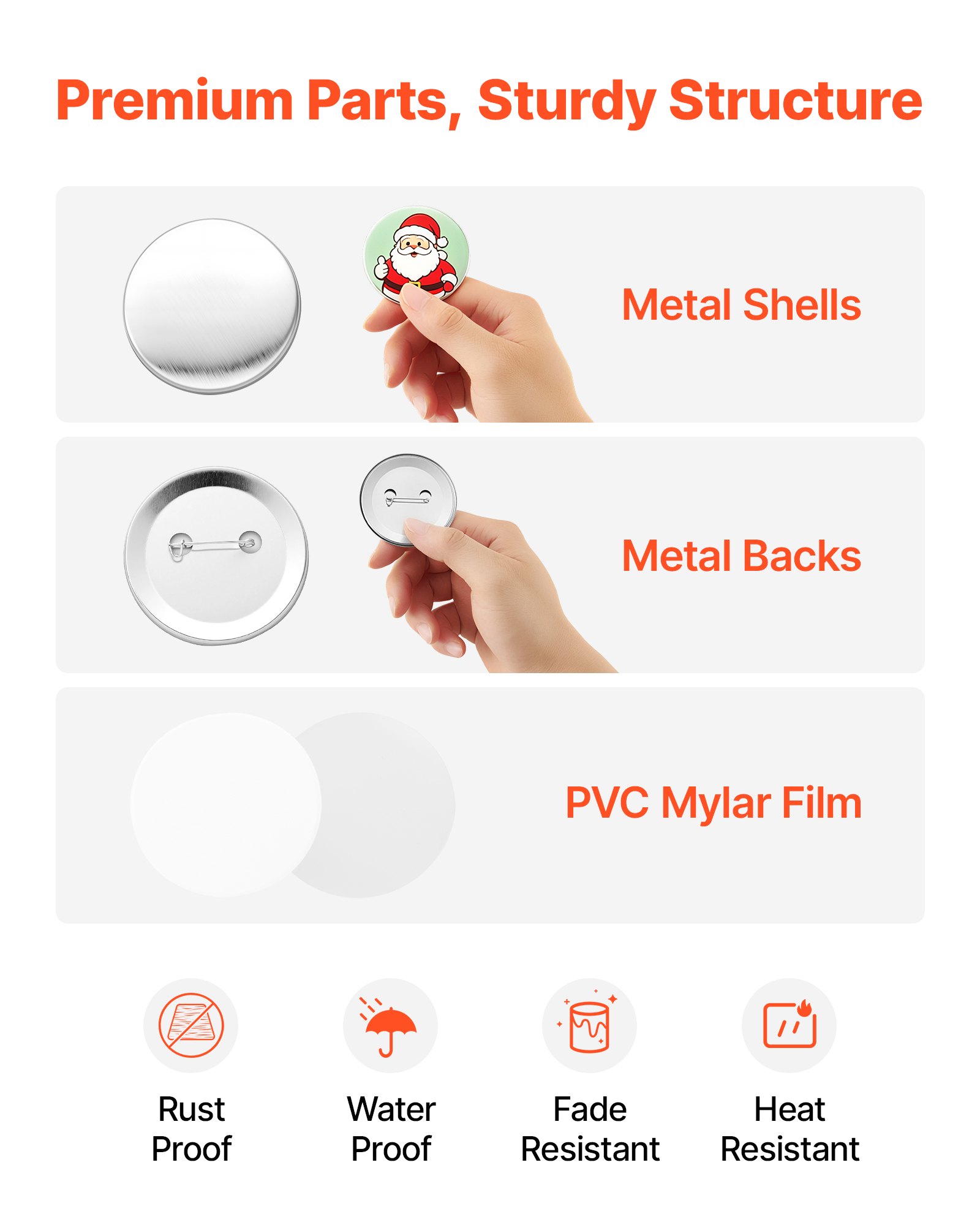 VEVOR Set 200 Supporti Componenti per Spille da 2,28 pollici / 58 mm, Accessori di Consumo con Retro in Metallo, con Gusci in Metallo Pellicole e Fogli di Carta Circolare, per Fai Da Te Artigianale