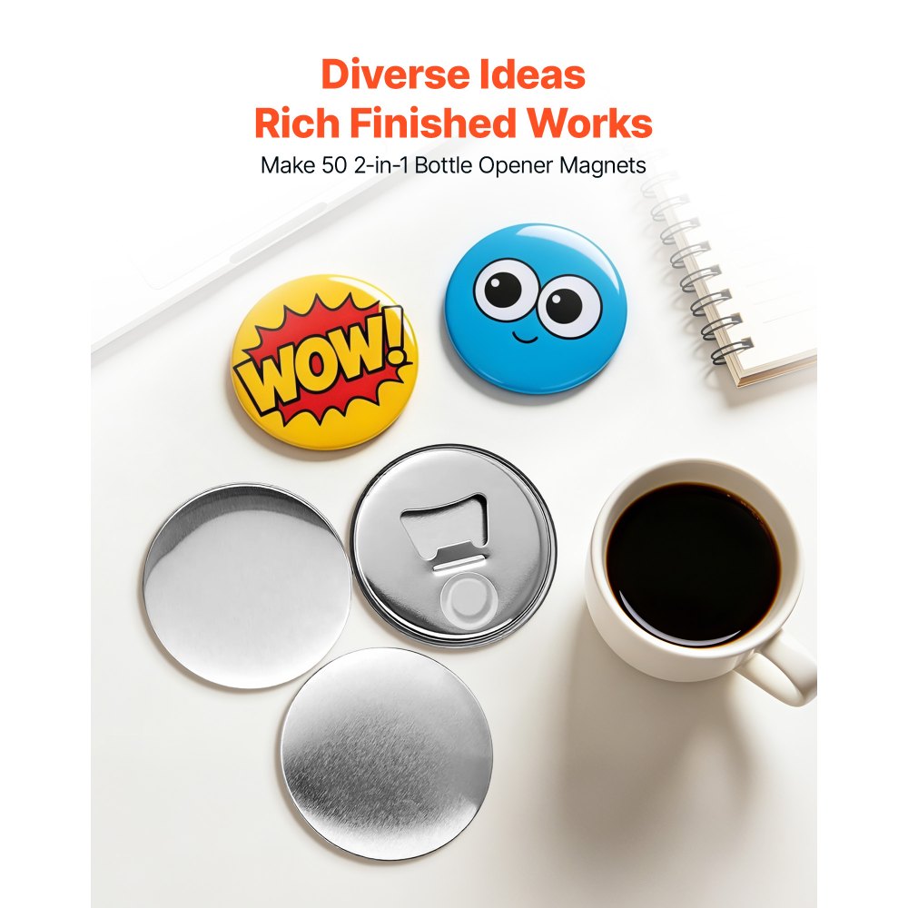 VEVOR Accessori Creazione Bottoni Magnetici 50 Set Componenti da 58 mm, Materiali da Consumo con Retro Magnetico e Apribottiglie, con Gusci in Metallo Pellicole e Fogli Carta Circolare, per Fai Da Te