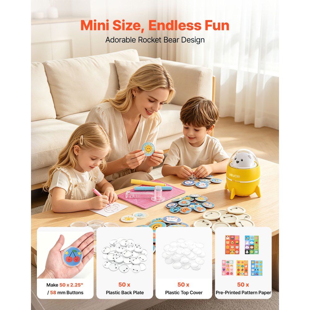 VEVOR Macchina Piccola per Creazione Spille in Plastica 58 mm, Pressa per Spille con 50 Componenti e Carta Motivi Prestampati, Taglierina Circolare, per Fai Da Te Personalizzati e Regali di Compleanno
