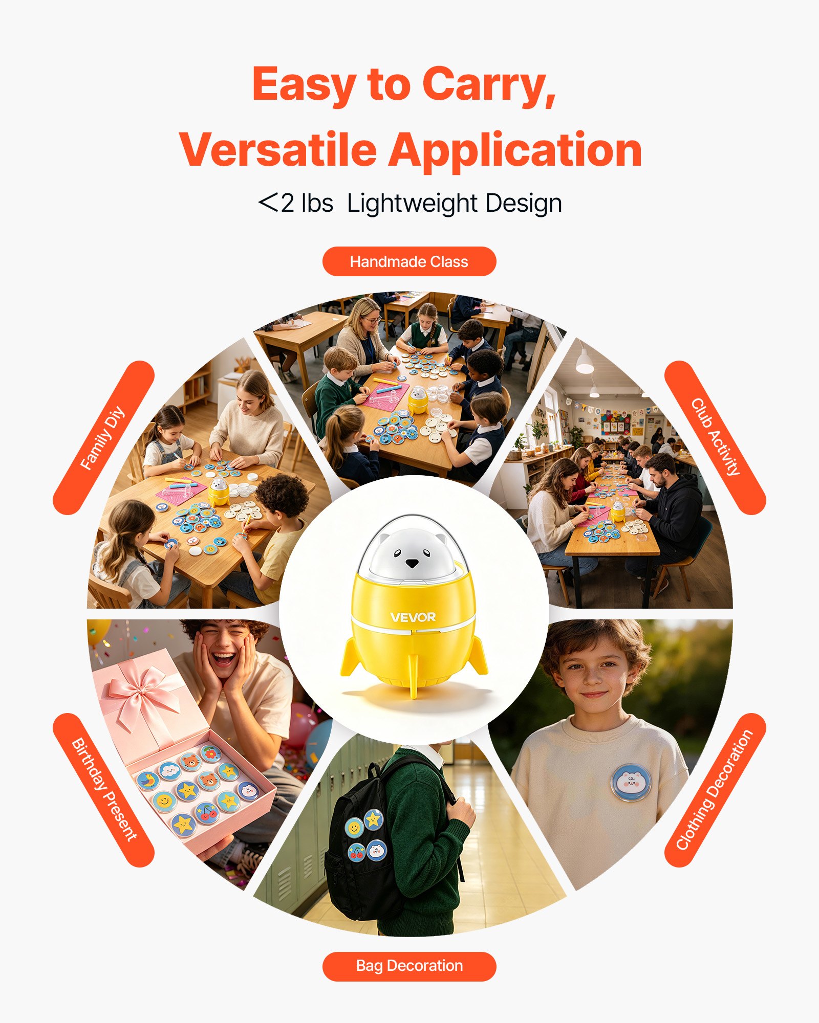 VEVOR Macchina Piccola per Creazione Spille in Plastica 58 mm, Pressa per Spille con 50 Componenti e Carta Motivi Prestampati, Taglierina Circolare, per Fai Da Te Personalizzati e Regali di Compleanno