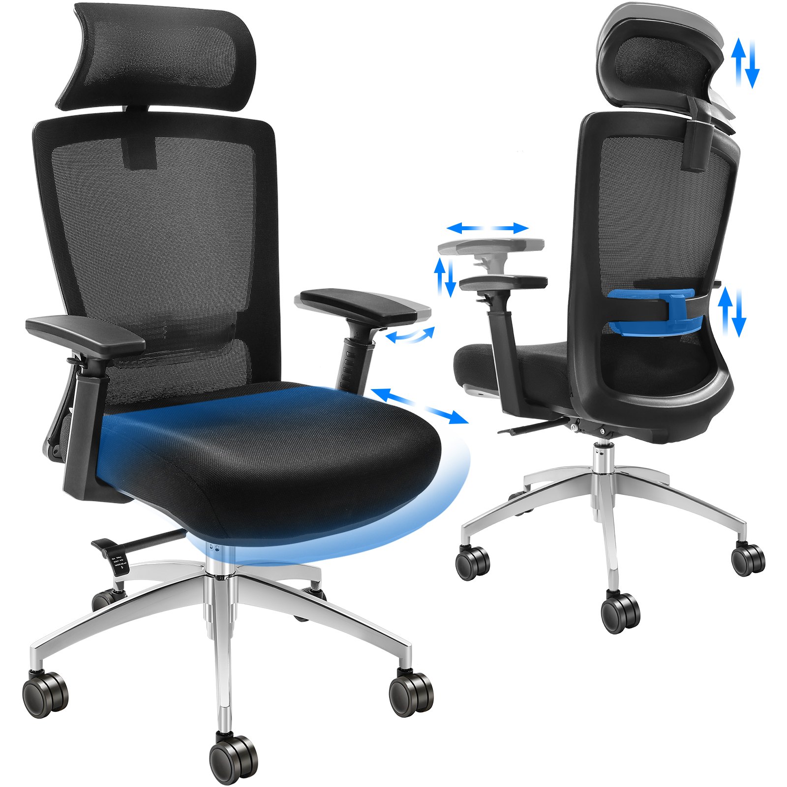 VEVOR Sedia da Ufficio Ergonomica con Supporto Lombare Poggiatesta Braccioli Regolabili, Sedia con Rotelle da Ufficio Reclinabile Girevole Sedile Scorrevole per Ufficio Home Office Studio Colore Nero