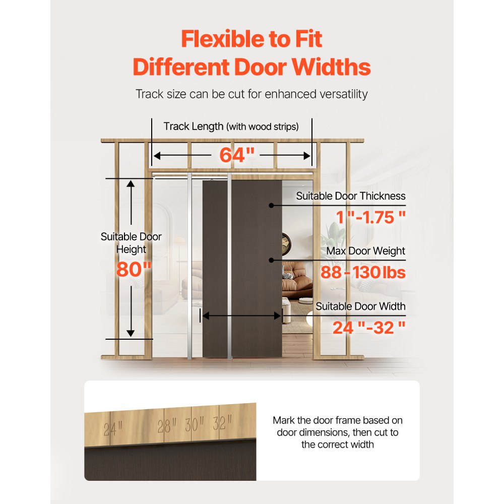 VEVOR Pocket Door Frame Kit, for 610-813mm Wide 2032mm High Door, Pocket Door Kit with Two-Way Soft Close Mechanism, Slide Smoothly Quietly, Easy to Install, Premium Galvanized Steel, for Living Room
