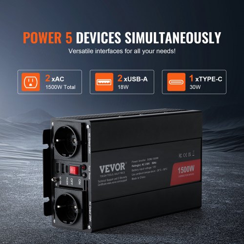 Inverter Di Potenza Per Auto 1500W (max 2000W) - Convertitore DC 12V/24V A AC 220V, Con USB, Onda Sinusoidale Modificata, Rosso/nero - 6