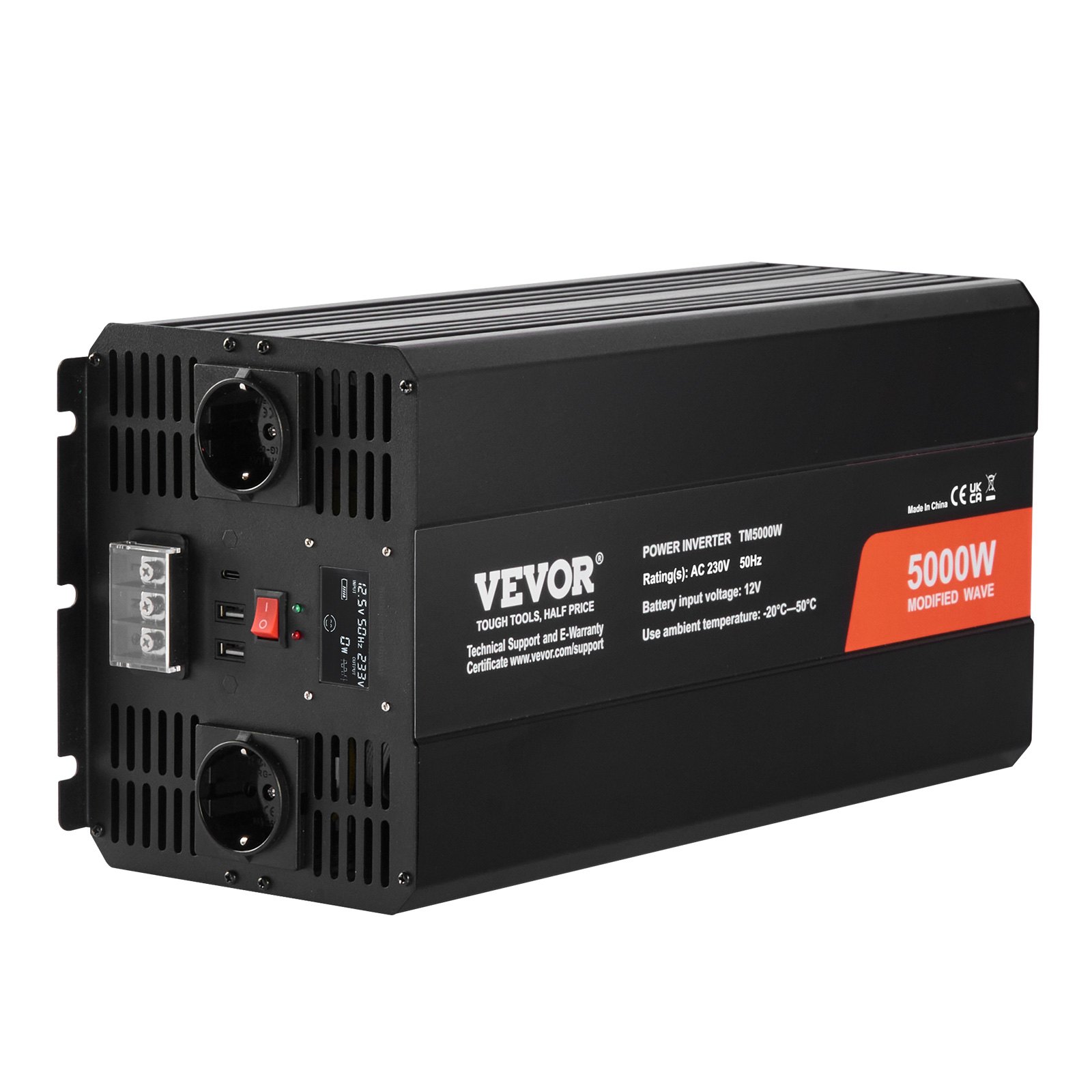 VEVOR 5000W Sine Wave Inverter, DC 12V to AC 230V, with 2 AC outlets, 2 USB ports, 1 Type-C port, LCD display and remote control for heavy-duty household appliances