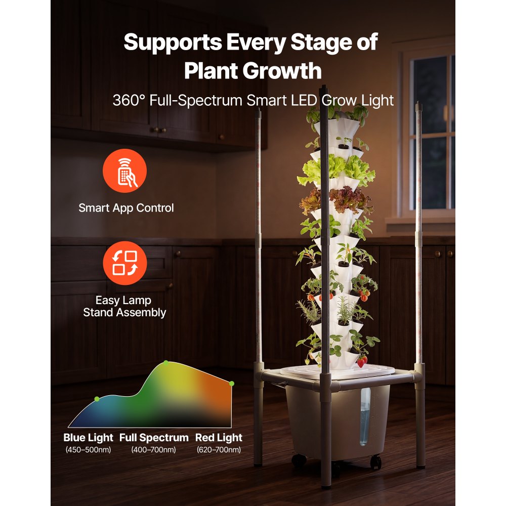 VEVOR Torre Idroponica a 9 Livelli con 45 Capsule, Lampada LED per Crescita, Controllo App e Ruote, Giardino Verticale per Coltivazione Idroponica da Interno con Serbatoio e Pompa, per Aromi Frutti