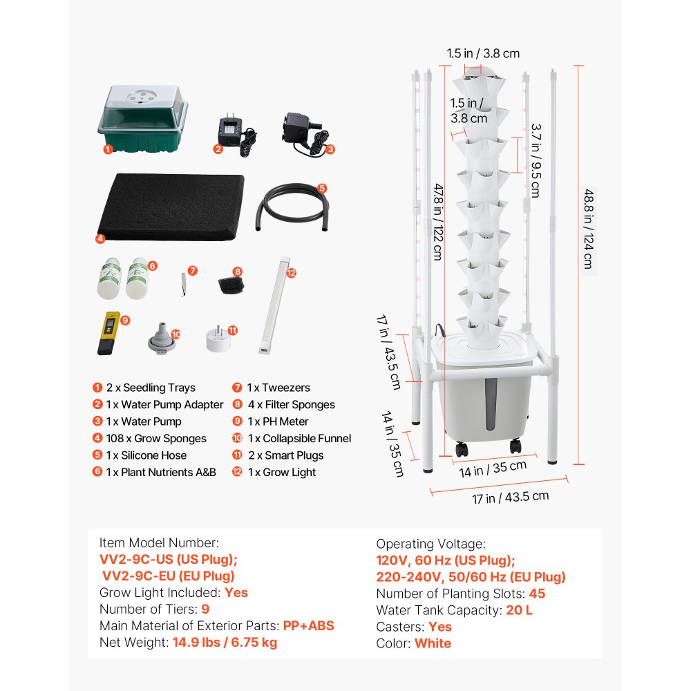 VEVOR Torre Idroponica a 9 Livelli con 45 Capsule, Lampada LED per Crescita, Controllo App e Ruote, Giardino Verticale per Coltivazione Idroponica da Interno con Serbatoio e Pompa, per Aromi Frutti
