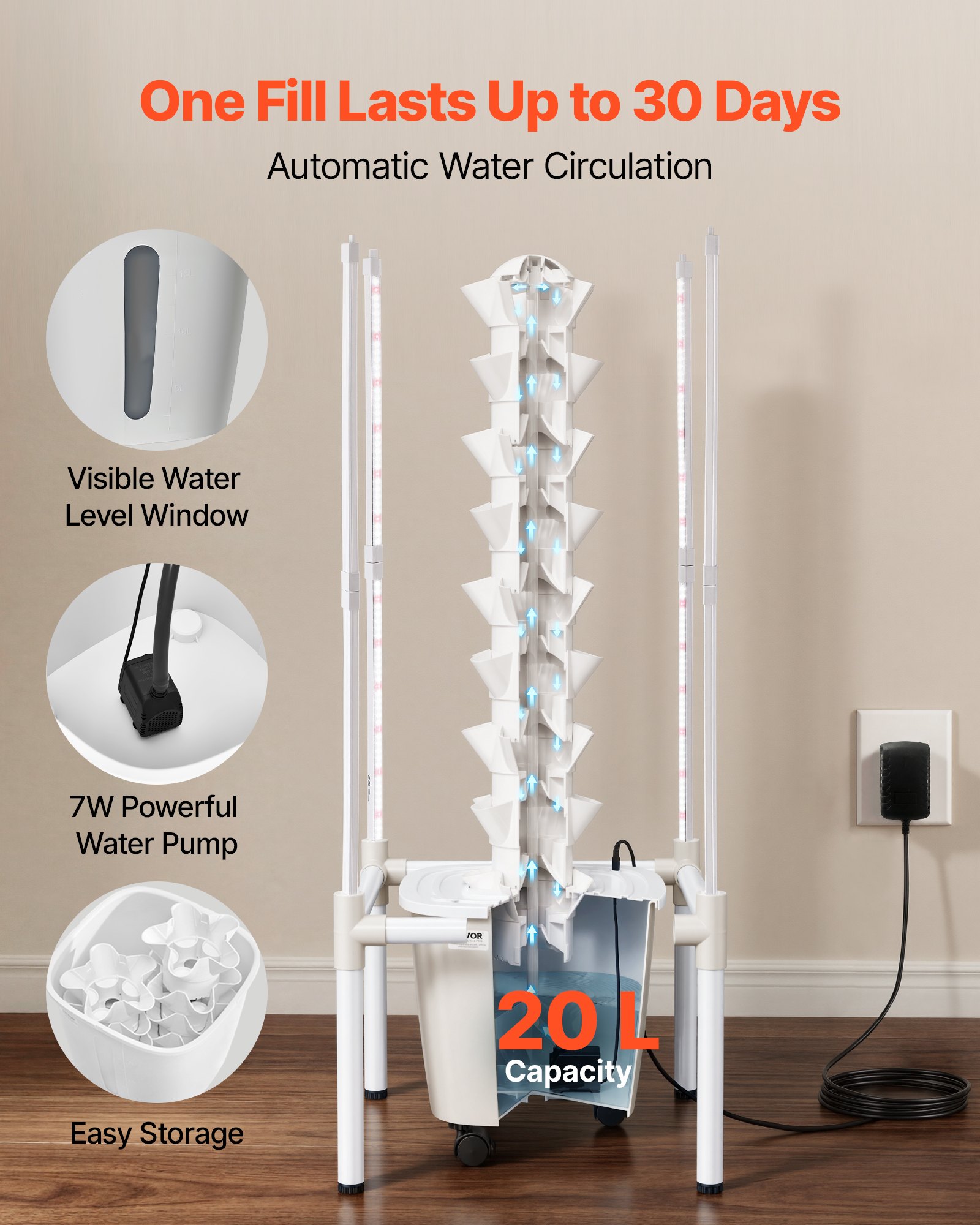 VEVOR Torre Idroponica a 9 Livelli con 45 Capsule, Lampada LED per Crescita, Controllo App e Ruote, Giardino Verticale per Coltivazione Idroponica da Interno con Serbatoio e Pompa, per Aromi Frutti