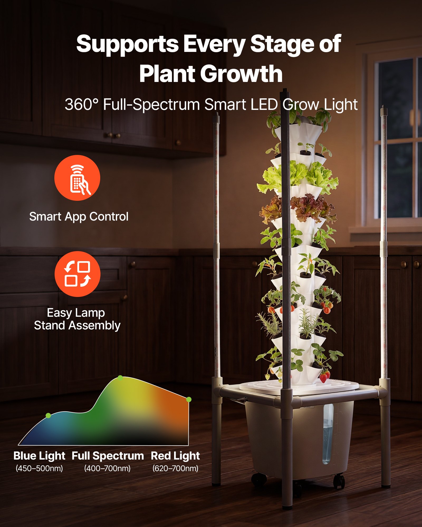 VEVOR Torre Idroponica a 9 Livelli con 45 Capsule, Lampada LED per Crescita, Controllo App e Ruote, Giardino Verticale per Coltivazione Idroponica da Interno con Serbatoio e Pompa, per Aromi Frutti