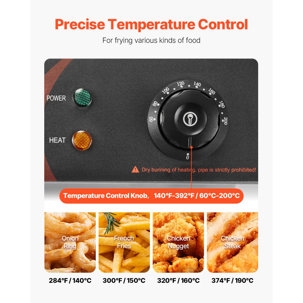 VEVOR Friggitrice Doppia Vasca Friggitrice Commerciale Potenza Totale da 5000 W, Doppio Controllo della Temperatura Regolabile in Acciaio Inossidabile per Uso Alimentare per Patatine Fritte
