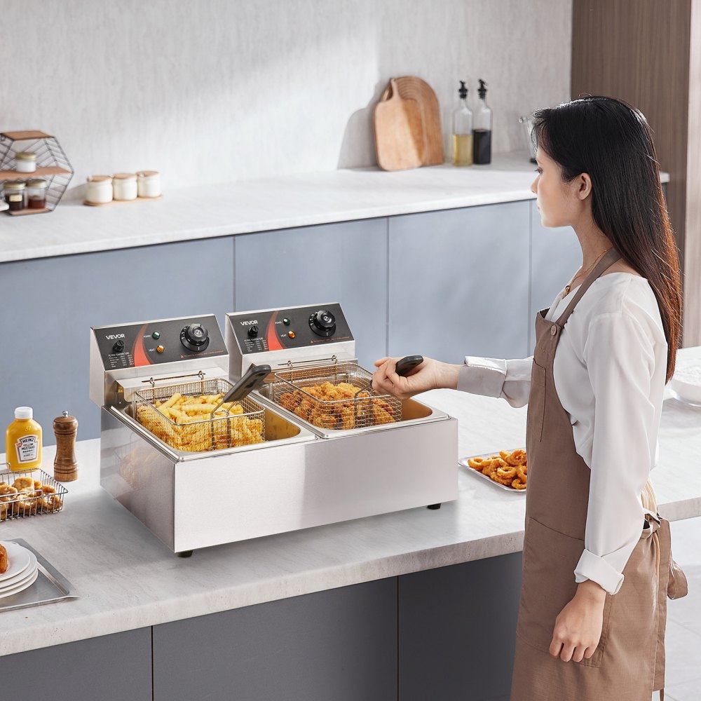 VEVOR Friggitrice Doppia Vasca Friggitrice Commerciale Potenza Totale da 5000 W, Doppio Controllo della Temperatura Regolabile in Acciaio Inossidabile per Uso Alimentare per Patatine Fritte