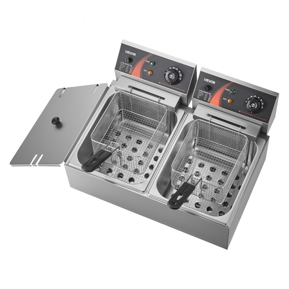 VEVOR Friggitrice Doppia Vasca Friggitrice Commerciale Potenza Totale da 5000 W, Doppio Controllo della Temperatura Regolabile in Acciaio Inossidabile per Uso Alimentare per Patatine Fritte