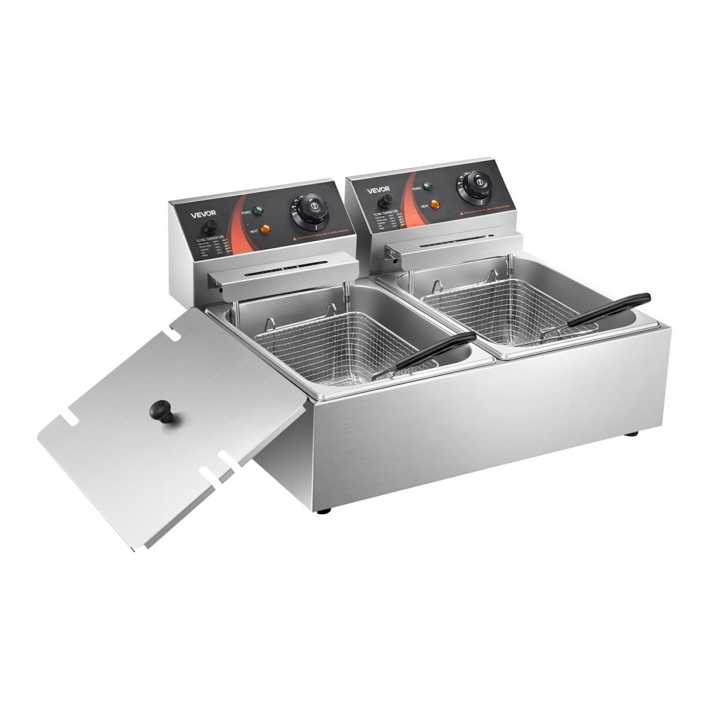 VEVOR Friggitrice Doppia Vasca Friggitrice Commerciale Potenza Totale da 5000 W, Doppio Controllo della Temperatura Regolabile in Acciaio Inossidabile per Uso Alimentare per Patatine Fritte