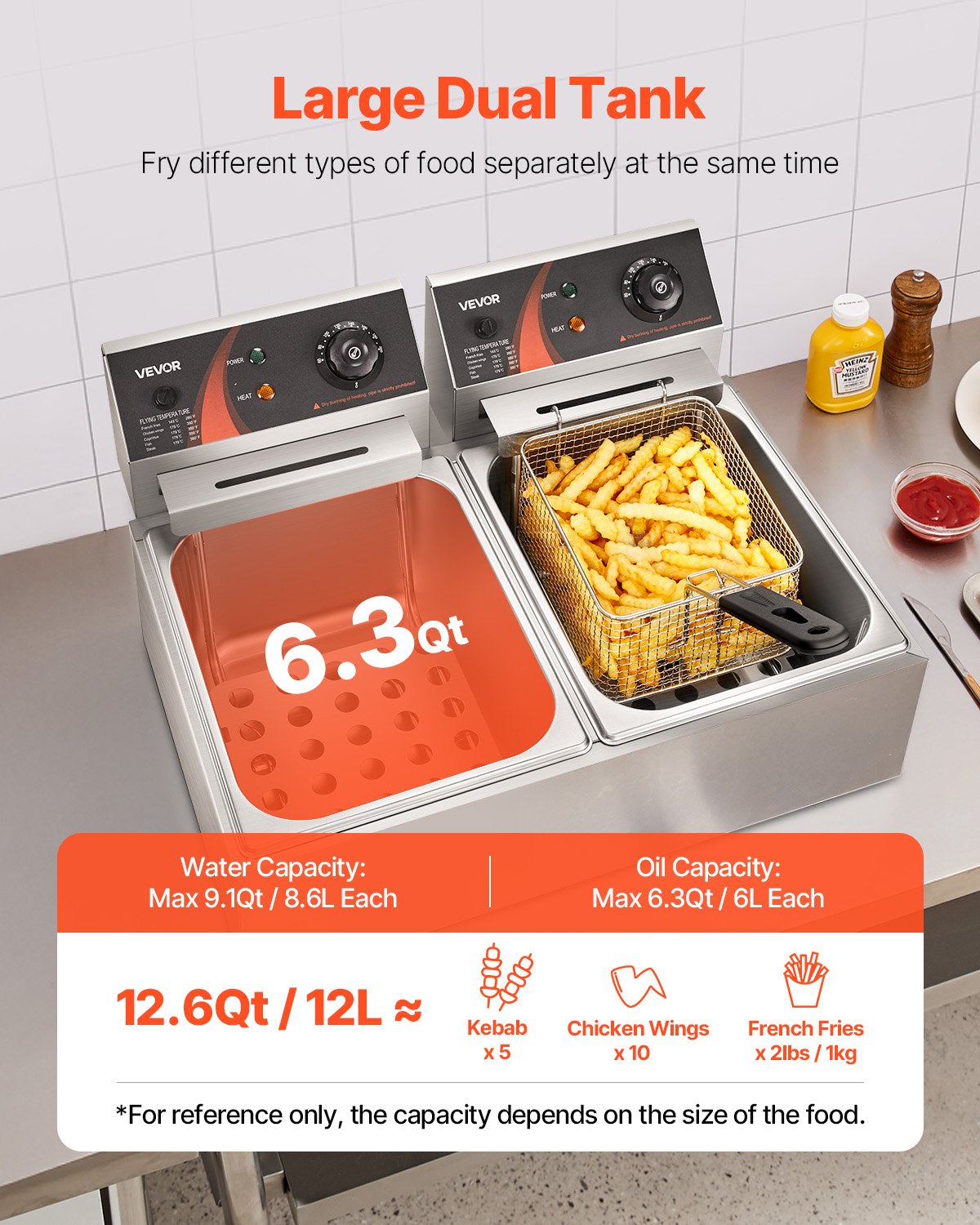 VEVOR Friggitrice Doppia Vasca Friggitrice Commerciale Potenza Totale da 5000 W, Doppio Controllo della Temperatura Regolabile in Acciaio Inossidabile per Uso Alimentare per Patatine Fritte