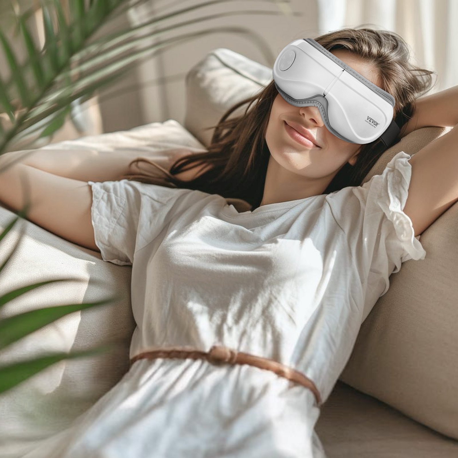 VEVOR Massaggiatore per Gli Occhi con Calore, Maschera per Massaggio degli Occhi Riscaldata, 5 Modalità, Musica Bluetooth, per Emicranie, Affaticamento degli Occhi, Regalo Ideale per Genitori, Bianco